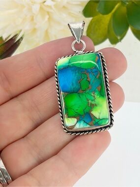 Peacock Dahlia Turquoise Pendant Rectangular Southwest Sterling Silver Overlay